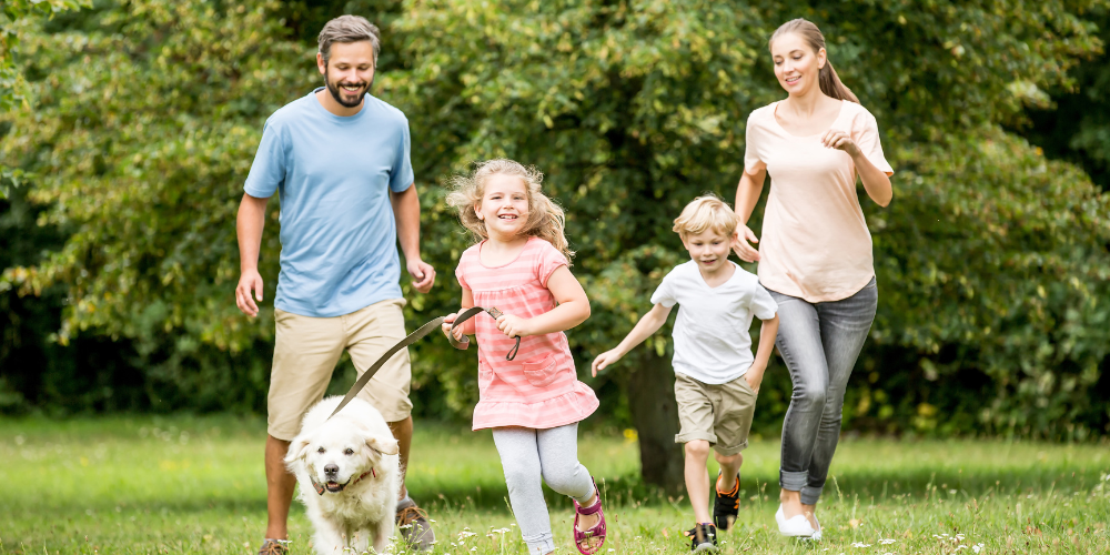 Family with pet dog in park
