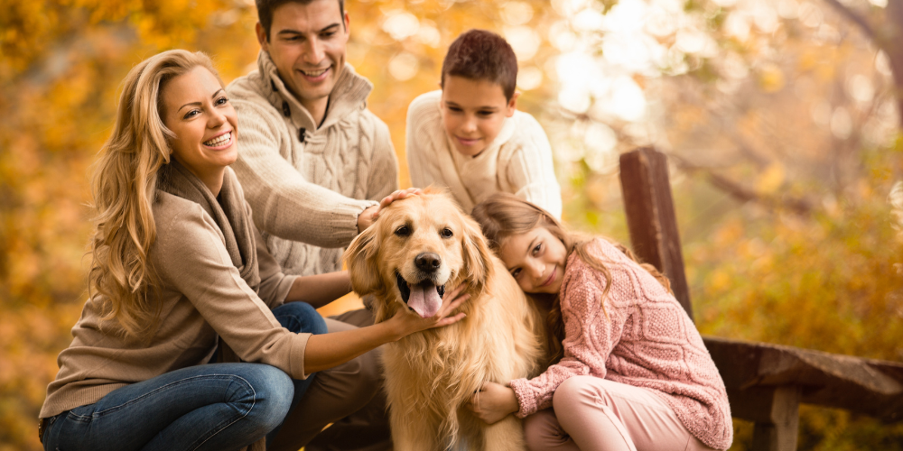 Family with their dog in autumn